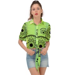 Green Grid Cute Flower Mandala Tie Front Shirt 