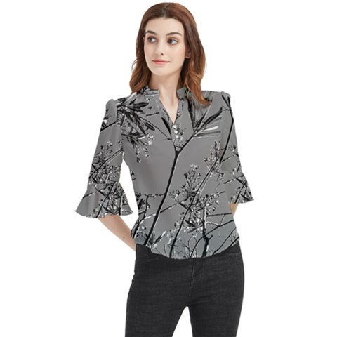 Grey Colors Flowers And Branches Illustration Print Loose Horn Sleeve Chiffon Blouse by dflcprintsclothing