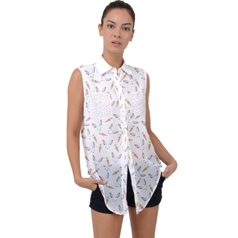 Cute Bunnies And Carrots Pattern, Light Colored Theme Sleeveless Chiffon Button Shirt by Casemiro