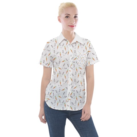 Cute Bunnies And Carrots Pattern, Light Colored Theme Women s Short Sleeve Pocket Shirt by Casemiro