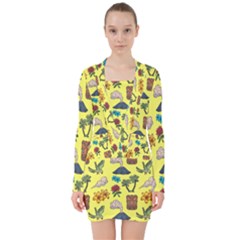 Tropical Island Tiki Parrots, Mask And Palm Trees V-neck Bodycon Long Sleeve Dress by DinzDas