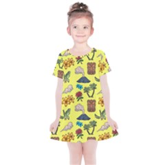 Tropical Island Tiki Parrots, Mask And Palm Trees Kids  Simple Cotton Dress by DinzDas