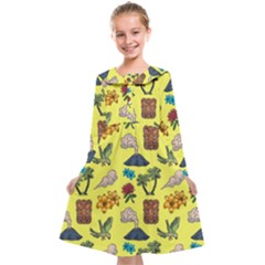 Tropical Island Tiki Parrots, Mask And Palm Trees Kids  Midi Sailor Dress by DinzDas