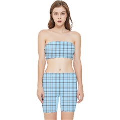 Sky Blue Tartan Plaid Pattern, With Black Lines Stretch Shorts And Tube Top Set