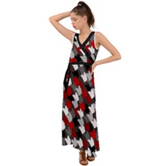 Abstract Paint Splashes, Mixed Colors, Black, Red, White V-neck Chiffon Maxi Dress by Casemiro