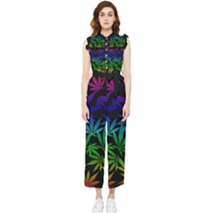 Weed Rainbow, Ganja Leafs Pattern In Colors, 420 Marihujana Theme Women s Frill Top Jumpsuit by Casemiro