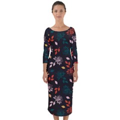 Rose Floral Quarter Sleeve Midi Bodycon Dress by tmsartbazaar