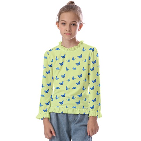 Blue Butterflies At Lemon Yellow, Nature Themed Pattern Kids  Frill Detail Tee by Casemiro