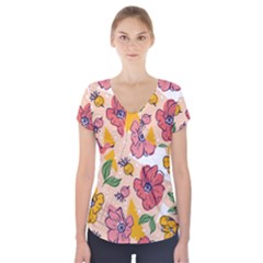 Cartoon Flowers Short Sleeve Front Detail Top by designsbymallika