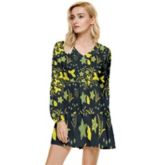 Folk Flowers Art Pattern Floral  Surface Design  Seamless Pattern Tiered Long Sleeve Mini Dress