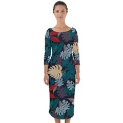 Tropical Autumn Leaves Quarter Sleeve Midi Bodycon Dress by tmsartbazaar