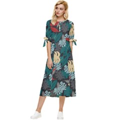 Tropical Autumn Leaves Bow Sleeve Chiffon Midi Dress by tmsartbazaar