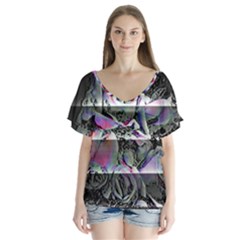 Techno Bouquet V-neck Flutter Sleeve Top by MRNStudios