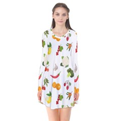 Fruits, Vegetables And Berries Long Sleeve V-neck Flare Dress by SychEva