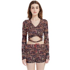 Warm Abstract Surface Print Velvet Wrap Crop Top And Shorts Set by dflcprintsclothing