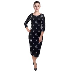 Black And White Funny Monster Print Pattern Quarter Sleeve Midi Velour Bodycon Dress