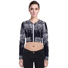 Black And White Lilies Botany Motif Print Long Sleeve Zip Up Bomber Jacket