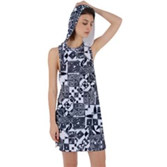 Black And White Geometric Print Racer Back Hoodie Dress by dflcprintsclothing