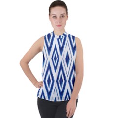 Blue Diamond Pattern Mock Neck Chiffon Sleeveless Top by designsbymallika