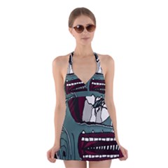 Colored Creepy Man Portrait Illustration Halter Dress Swimsuit  by dflcprintsclothing