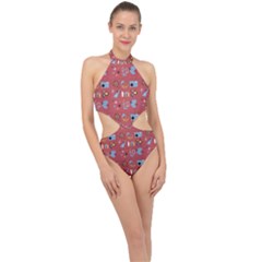 50s Small Print Halter Side Cut Swimsuit by NerdySparkleGoth