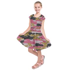 Abstract Glitter Gold, Black And Pink Camo Kids  Short Sleeve Dress by AnkouArts