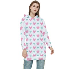 Pink Hearts One White Background Women s Long Oversized Pullover Hoodie by AnkouArts