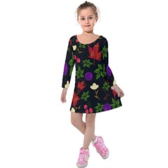 Golden Autumn, Red-yellow Leaves And Flowers  Kids  Long Sleeve Velvet Dress by Daria3107