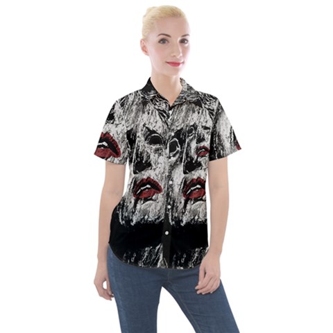 Creepy Head Sculpture Artwork Women s Short Sleeve Pocket Shirt by dflcprintsclothing