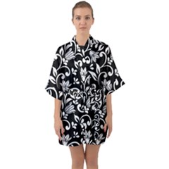 Black And White Bluebells Half Sleeve Satin Kimono  by Tizzee