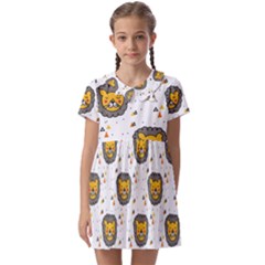 Lion Heads Pattern Design Doodle Kids  Asymmetric Collar Dress