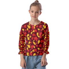 Autumn Pattern,oak And Maple On Burgundy Kids  Cuff Sleeve Top