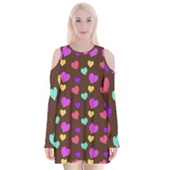 Colorfull Hearts On Choclate Velvet Long Sleeve Shoulder Cutout Dress by Daria3107