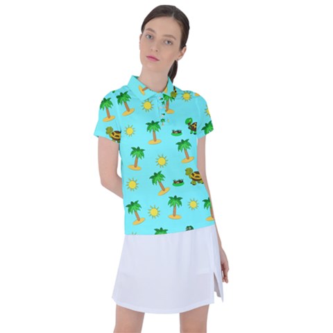 Turtle And Palm On Blue Pattern Women s Polo Tee by Daria3107