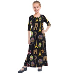 Paris Street Pattern On Black Kids  Quarter Sleeve Maxi Dress by Daria3107