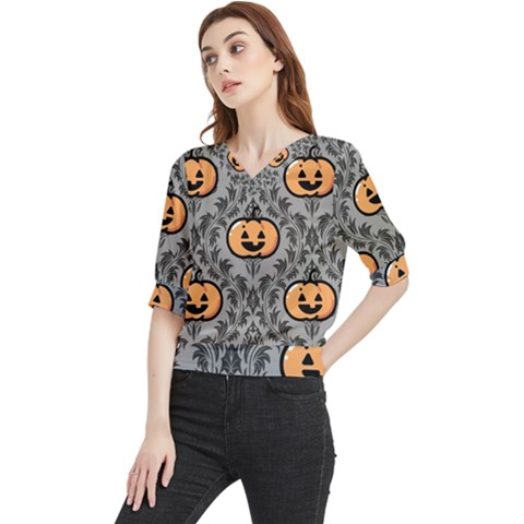 Pumpkin Pattern Quarter Sleeve Blouse by InPlainSightStyle