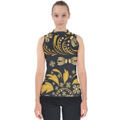 Folk Flowers Pattern Floral Surface Mock Neck Shell Top