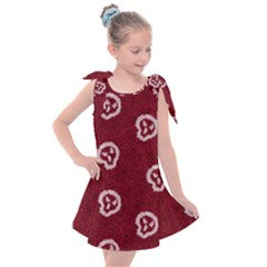 White Skulls On Red Shiny Background Kids  Tie Up Tunic Dress by SychEva