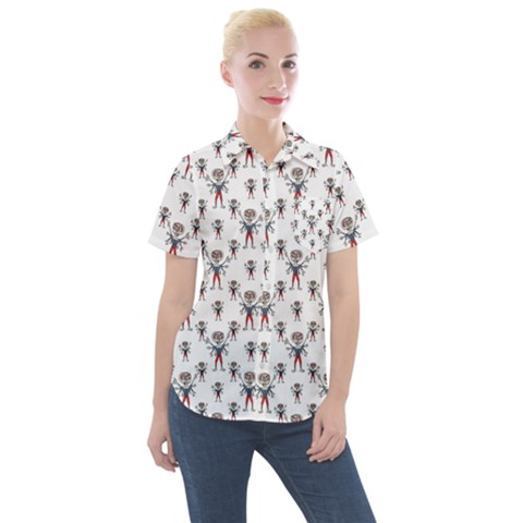 Sketchy Style Scarecrow Drawing Motif Pattern Women s Short Sleeve Pocket Shirt by dflcprintsclothing