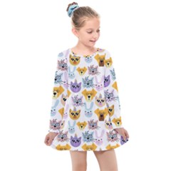Funny Animal Faces With Glasses On A White Background Kids  Long Sleeve Dress by SychEva