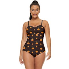 Halloween Pumpkins Pattern, Witch Hat Jack O  Lantern Retro Full Coverage Swimsuit by Casemiro