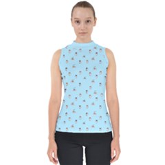 Cute Kawaii Dogs Pattern At Sky Blue Mock Neck Shell Top by Casemiro