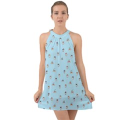 Cute Kawaii Dogs Pattern At Sky Blue Halter Tie Back Chiffon Dress by Casemiro