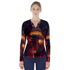 Dragon Fire Fantasy Art V-neck Long Sleeve Top by Sudhe