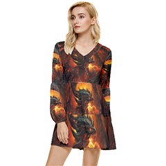 Dragon Fire Fantasy Art Tiered Long Sleeve Mini Dress by Sudhe