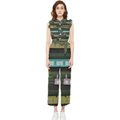 Narrow-boats-scene-pattern Women s Frill Top Jumpsuit