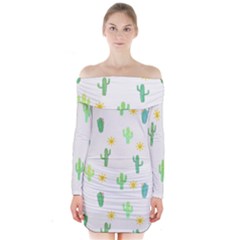 Green Cacti With Sun Long Sleeve Off Shoulder Dress by SychEva