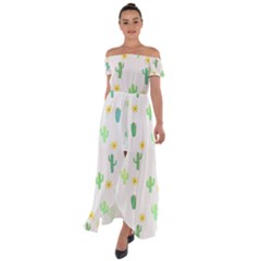 Green Cacti With Sun Off Shoulder Open Front Chiffon Dress by SychEva