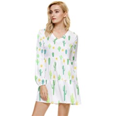 Green Cacti With Sun Tiered Long Sleeve Mini Dress by SychEva