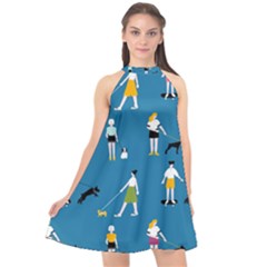 Girls Walk With Their Dogs Halter Neckline Chiffon Dress 